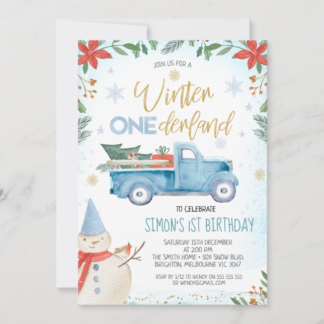 Invitación Blue Truck Poinsettia Winter Onederland Birthday (Anverso)