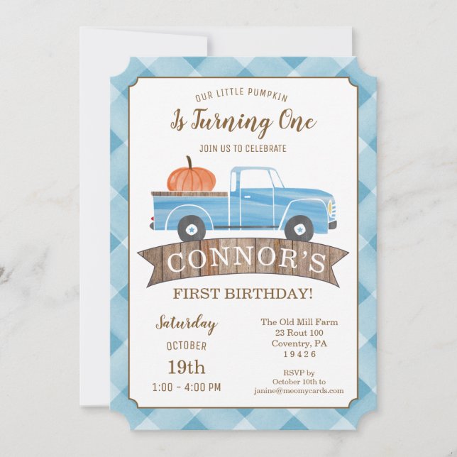 Invitación Blue Truck PUMPKIN Cumpleaños Fall 1er cumpleaños  (Anverso)