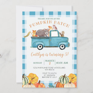Invitación Blue Truck Pumpkin Patch Gingham Quinto Cumpleaños