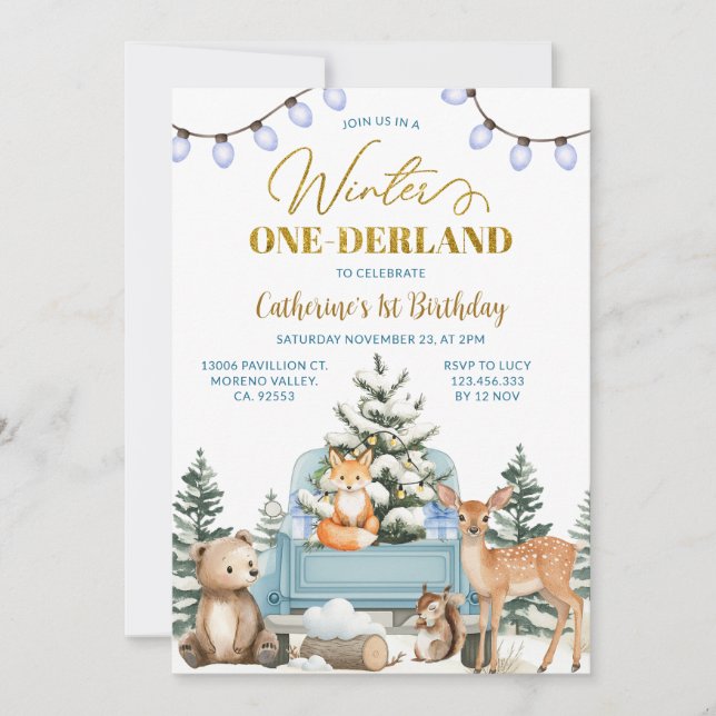 Invitación Blue Truck Winter One-derland Animals 1st Birthday (Anverso)
