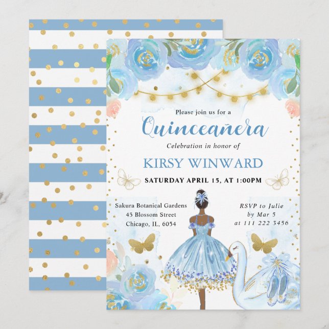 Invitación Blue Tutu Dark Skin Ballerina Quinceanera (Anverso / Reverso)