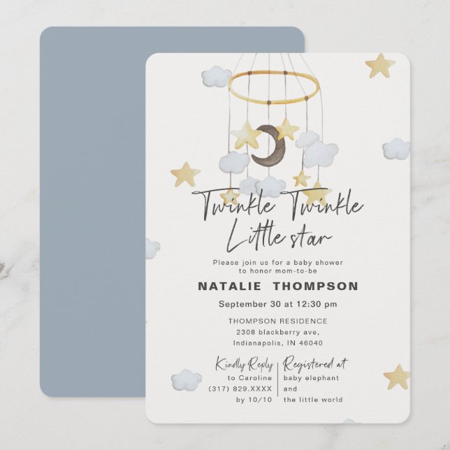 Invitación Blue Twinkle Little Star Boy Baby Shower (Anverso / Reverso)