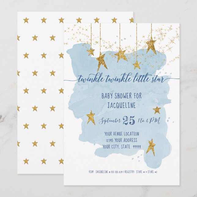 Invitación Blue Twinkle Little Star Gold Boy Baby Shower (Anverso / Reverso)