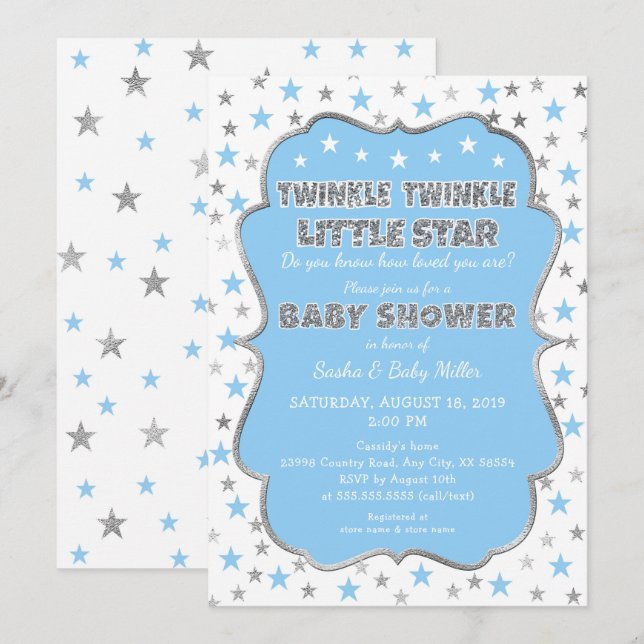 Invitación BLUE Twinkle Twinkle Little Star Baby Shower (Anverso / Reverso)