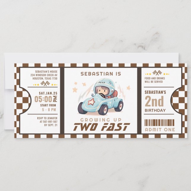 Invitación Blue Two Fast Race Car Ticket Pass Second Birday (Anverso)