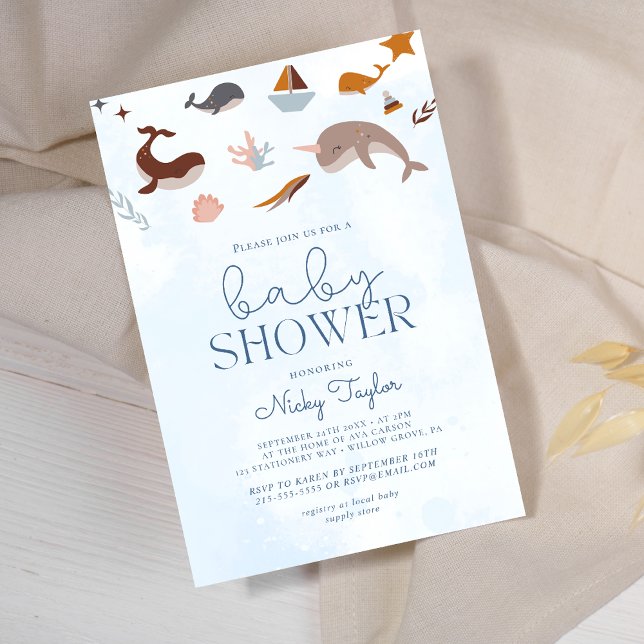 Invitación Blue Under Sea Boho Cute Whale Baby Shower (Subido por el creador)