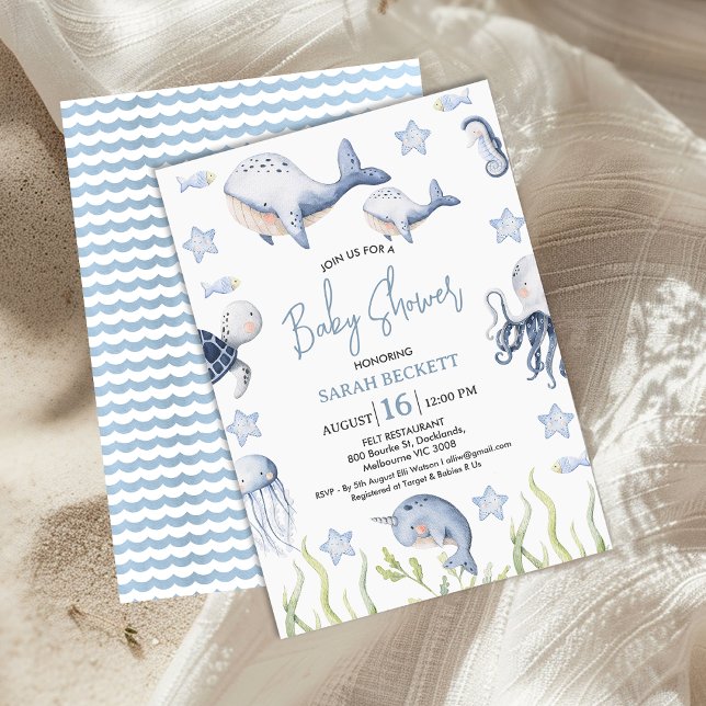 Invitación Blue Under the Sea Boys Whale Calf Baby Shower (Boys Blue Whale and Calf Baby Shower Invitation, Under the Sea baby Shower baby Boy, Sea Creatures)