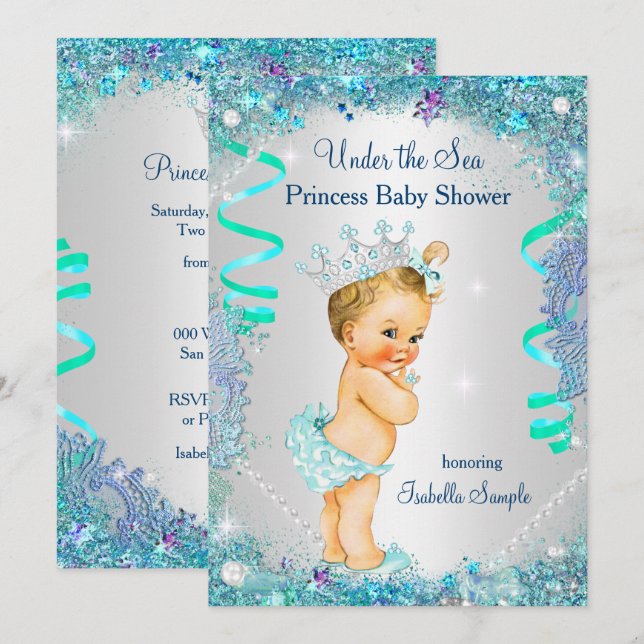 Invitación Blue Under the Sea Princess Baby Shower Blonde (Anverso / Reverso)