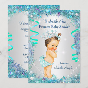 Invitación Blue Under the Sea Princess Baby Shower Brunette