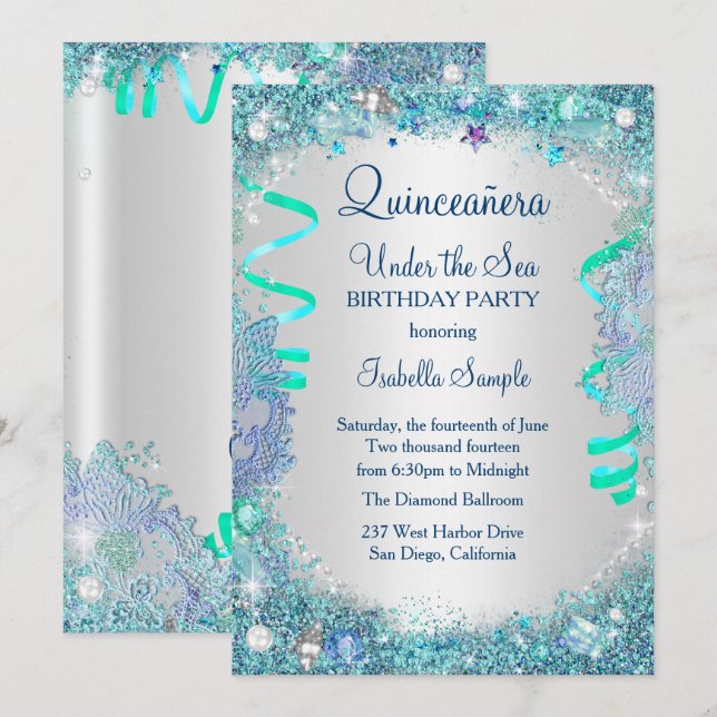 Invitación Blue Under the Sea Quinceanera Fiesta de cumpleaño (Anverso / Reverso)