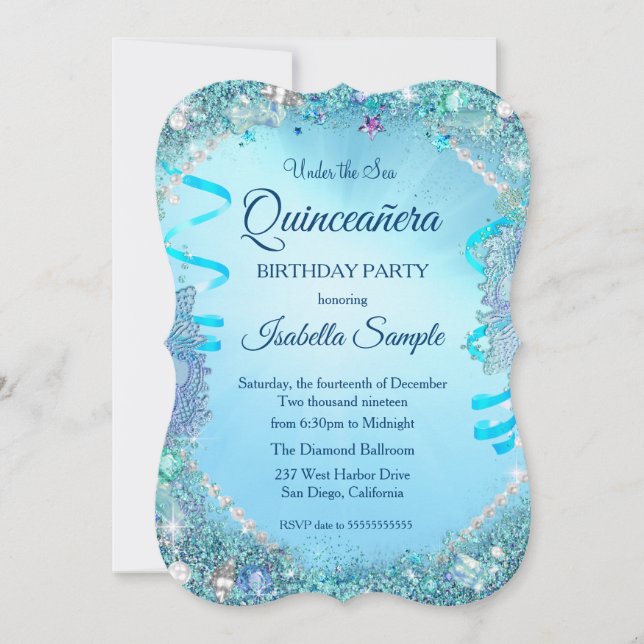 Invitación Blue Under the Sea Quinceanera Fiesta de cumpleaño (Anverso)