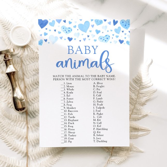 Invitación Blue Valentine Baby Shower Baby Animals (Watercolor Blue Hearts Valentine Sweetheart February Heartbreaker Boy Baby Animals Baby Shower Game)