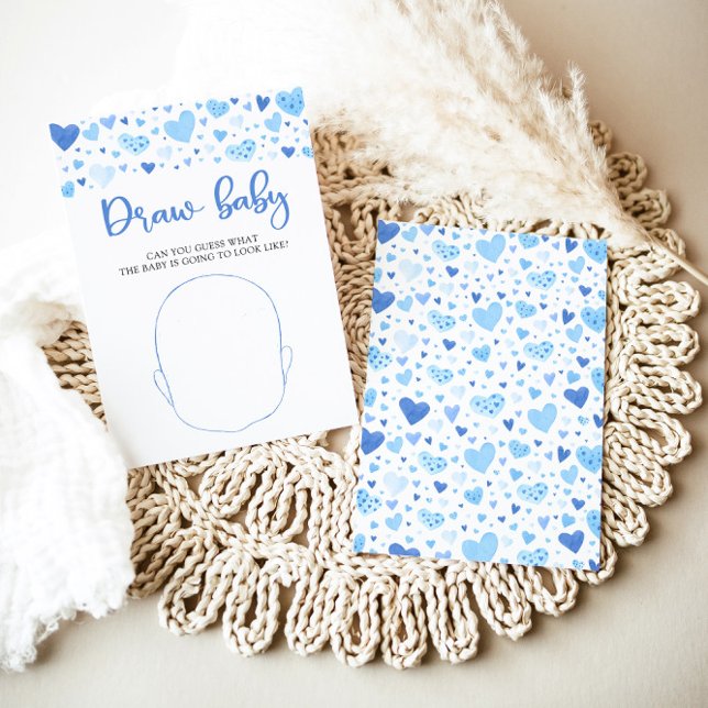 Invitación Blue Valentine Baby Shower dibuja el juego del beb (Watercolor Cute Blue Hearts Valentine Sweetheart February Boy Draw the Baby Game Baby Shower Game)