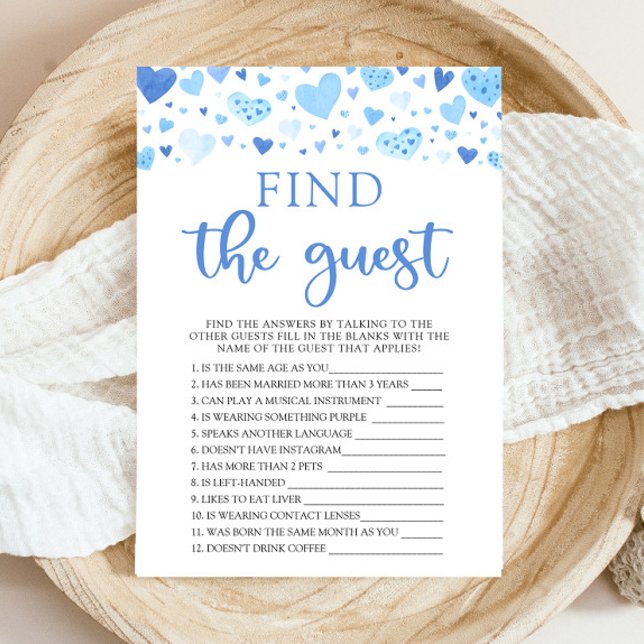 Invitación Blue Valentine Encuentra El Juego De Baby Shower I (Watercolor Cute Blue Hearts Valentine Sweetheart February Baby Boy Find The Guest Baby Shower Game)