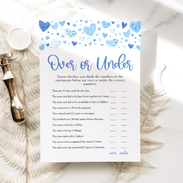 Invitación Blue Valentine Over o Under Baby Shower Game (Watercolor Cute Blue Hearts Valentine Sweetheart February Baby Boy Over or Under Baby Shower Game)