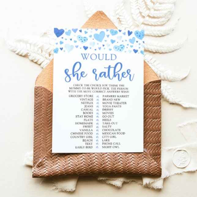 Invitación Blue Valentine Prefiere Un Juego De Baby Shower (Watercolor Cute Blue Hearts Valentine Sweetheart February Boy Would She Rather Baby Shower Game)