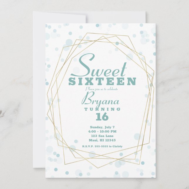 Invitación Blue Verde azulado Dots & Gold Geometric Modern Sw (Anverso)