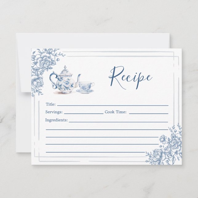 Invitación Blue Victorian Garden Bridal Shower Tea Receta (Anverso)