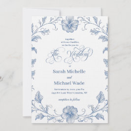 Invitación Blue Vintage French Calligraphy Wedding Invitation