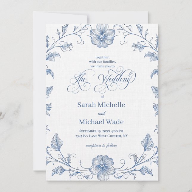 Invitación Blue Vintage French Calligraphy Wedding Invitation (Anverso)