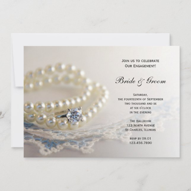 Invitación Blue Vintage Lace, Perlas, Ring Engagement Party (Anverso)