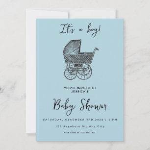 Invitación Blue Vintage Param Stroller Baby Boy Shower