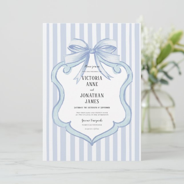 Invitación Blue Vintage Stripe Ribbon Bow Wedding Invitation (Anverso de pie)