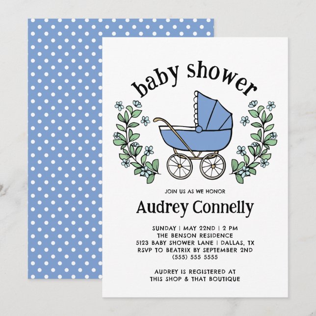 Invitación Blue Vintage Stroller Greenery Boy Baby Shower (Anverso / Reverso)