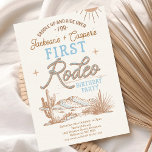 Invitación Blue Vintage Twin Boys First Rodeo Primer Cumpleañ<br><div class="desc">Invitación al primer rodeo del primer cumpleaños de los niños gemelos azules y marrones estilo vintage invitación al primer rodeo de cumpleaños con un paisaje desértico con cactus, vacas de longhorn, sol y una cuerda como encabezado de texto. La primera invitación de rodeo de este niño gemelo es ideal para...</div>