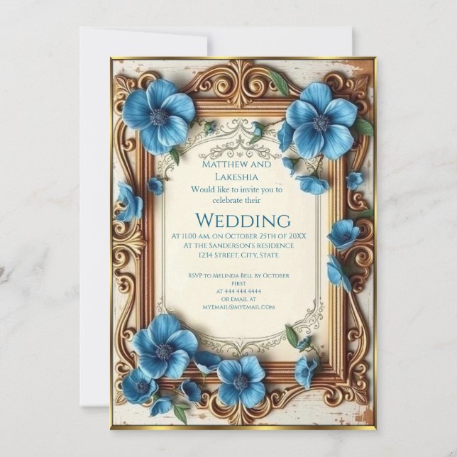 Invitación Blue Vintage Wedding Beautiful floral French  (Reverso)