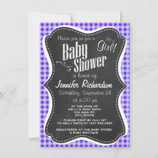 Invitación Blue Violet Gingham; apariencia de Chalkboard (Anverso)