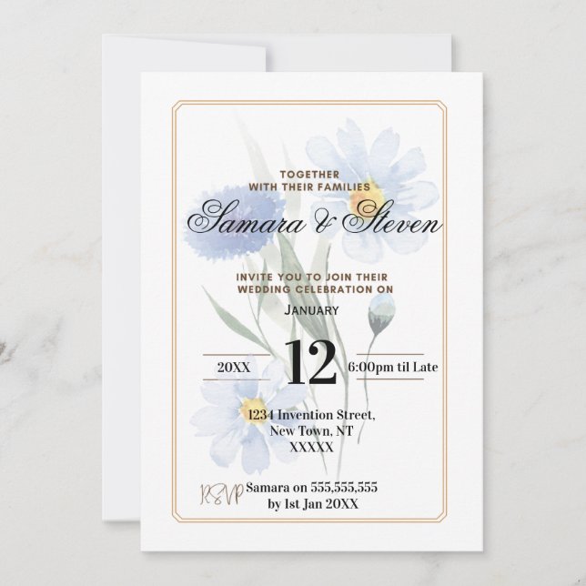 Invitación Blue Water Color Flower Wedding Celebration Invite (Anverso)