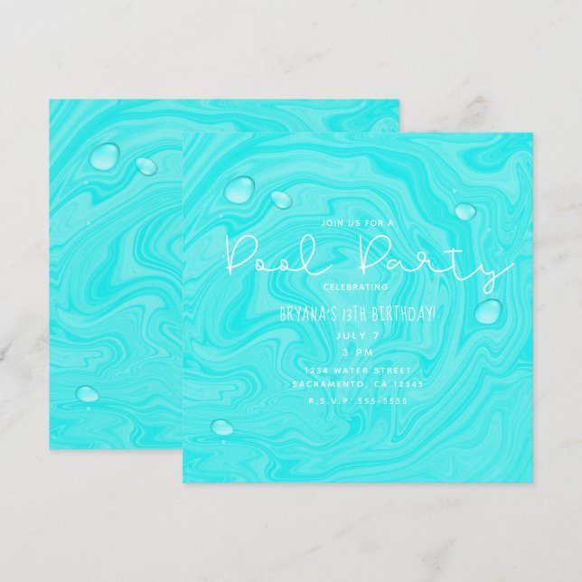 Invitación Blue Water Drops Piscina De Verano Fiesta De Cumpl (Anverso / Reverso)
