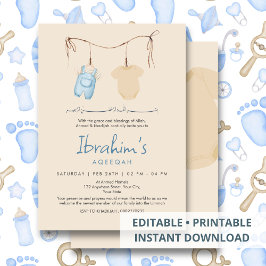 Invitación Blue Watercolor Baby Clothes Aqeeqah Islamic