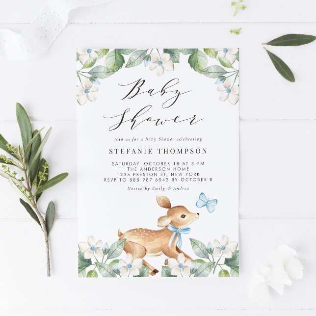 Invitación Blue Watercolor Baby Deer Woodland Baby Shower (Subido por el creador)