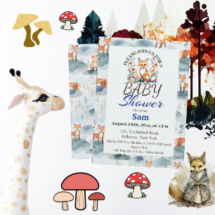 Invitación Blue Watercolor Baby Fox Baby Shower