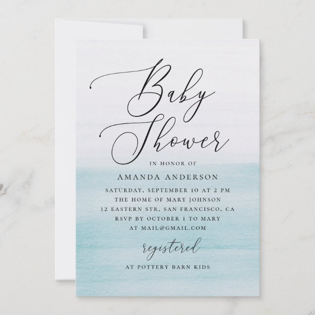 Invitación Blue Watercolor Baby Shower | Elegant Coastal (Anverso)