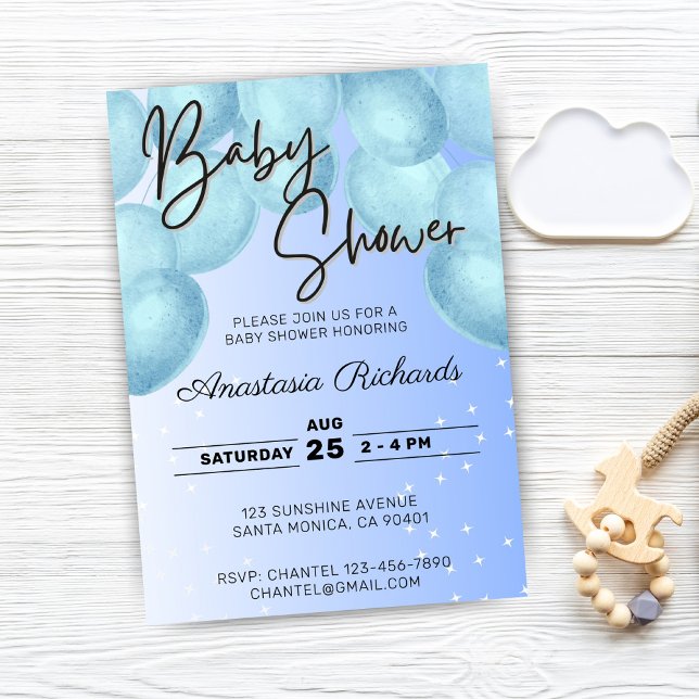 Invitación Blue Watercolor Balloons Baby Shower (blue watercolor balloons baby shower invitation)