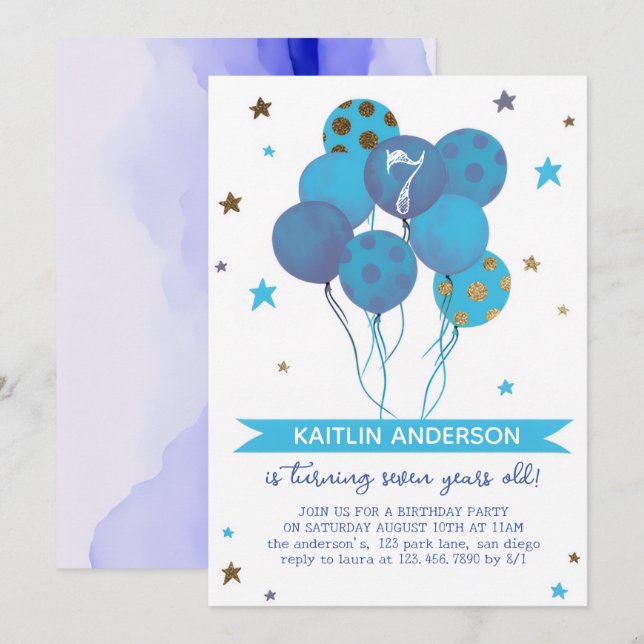 Invitación Blue Watercolor Balloons Girl 7th Birthday Party  (Anverso / Reverso)
