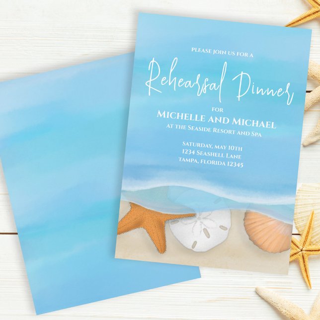 Invitación Blue Watercolor Beach Ensayos Cena Mar Costero (Subido por el creador)