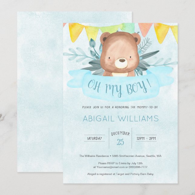 Invitación Blue Watercolor Bear Boy Baby Shower (Anverso / Reverso)