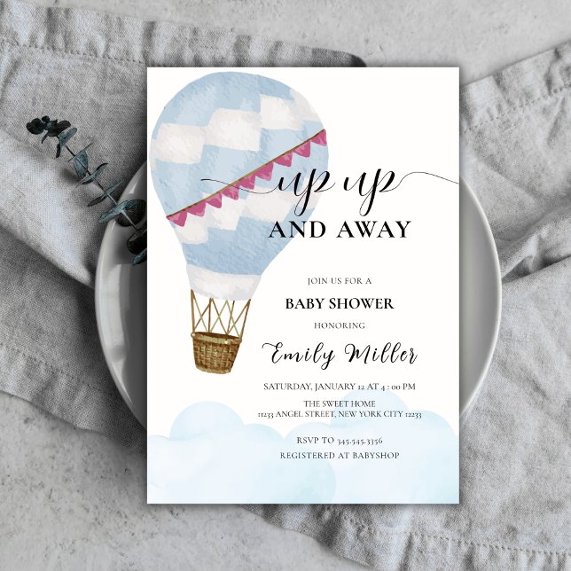 Invitación Blue Watercolor Boho Hot Air Balloon Baby Shower (Blue Watercolor Boho Hot Air Balloon Baby Shower Invitation)