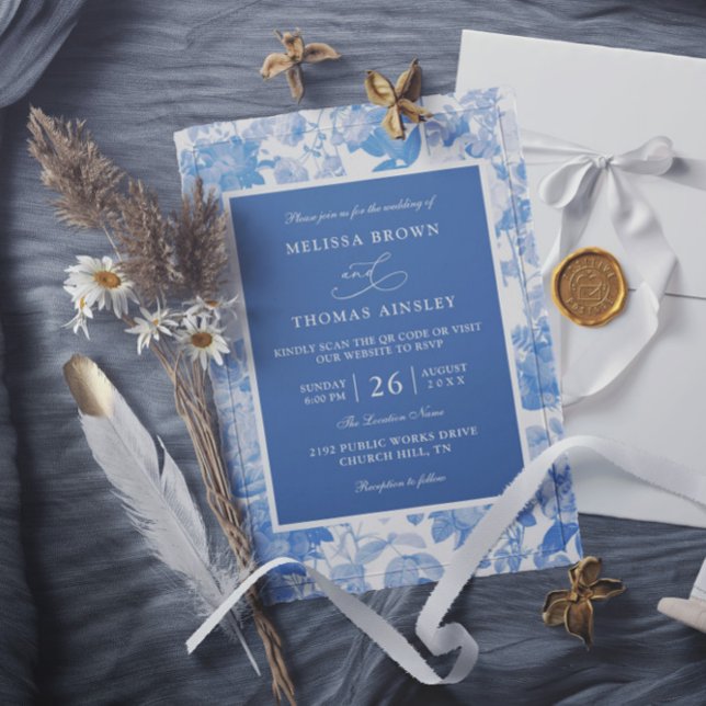 Invitación Blue Watercolor Botanical Budget QR Code Wedding (Subido por el creador)