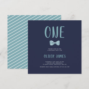 Invitación Blue Watercolor Bow Tie Primera fiesta de cumpleañ