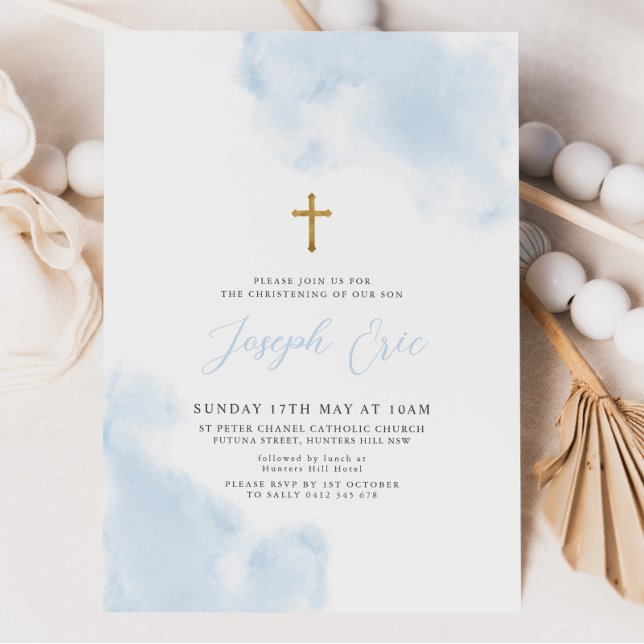 Invitación Blue Watercolor Boy Cruz de Oro Bautismo (Blue Watercolour Gold Cross Baptism Invitation)