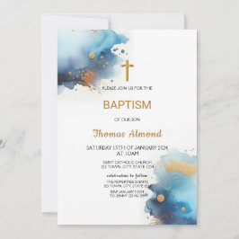 Invitación Blue Watercolor Boys Gold Baptism