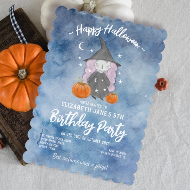 Invitación Blue Watercolor Bruja Halloween Birday Party (Subido por el creador)