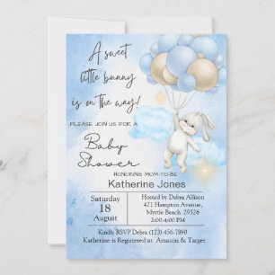 Invitación Blue Watercolor Bunny Rabbit Balloons Baby Shower