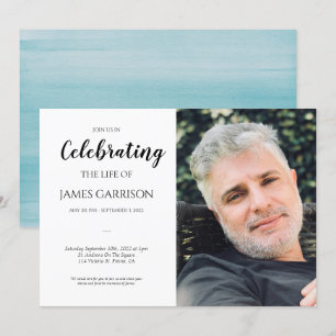 Invitación Blue Watercolor Celebración de la vida con foto