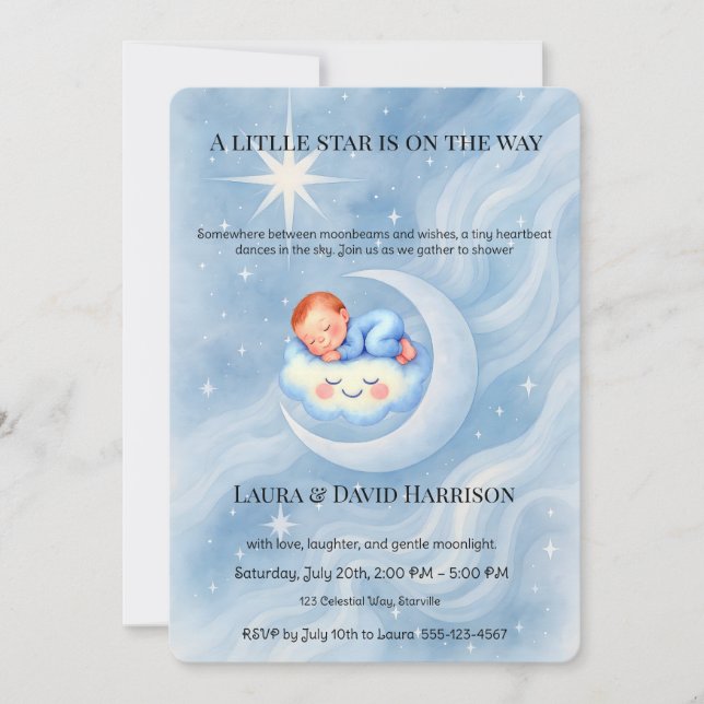 Invitación Blue Watercolor Celestial Baby Shower Little Star  (Anverso)